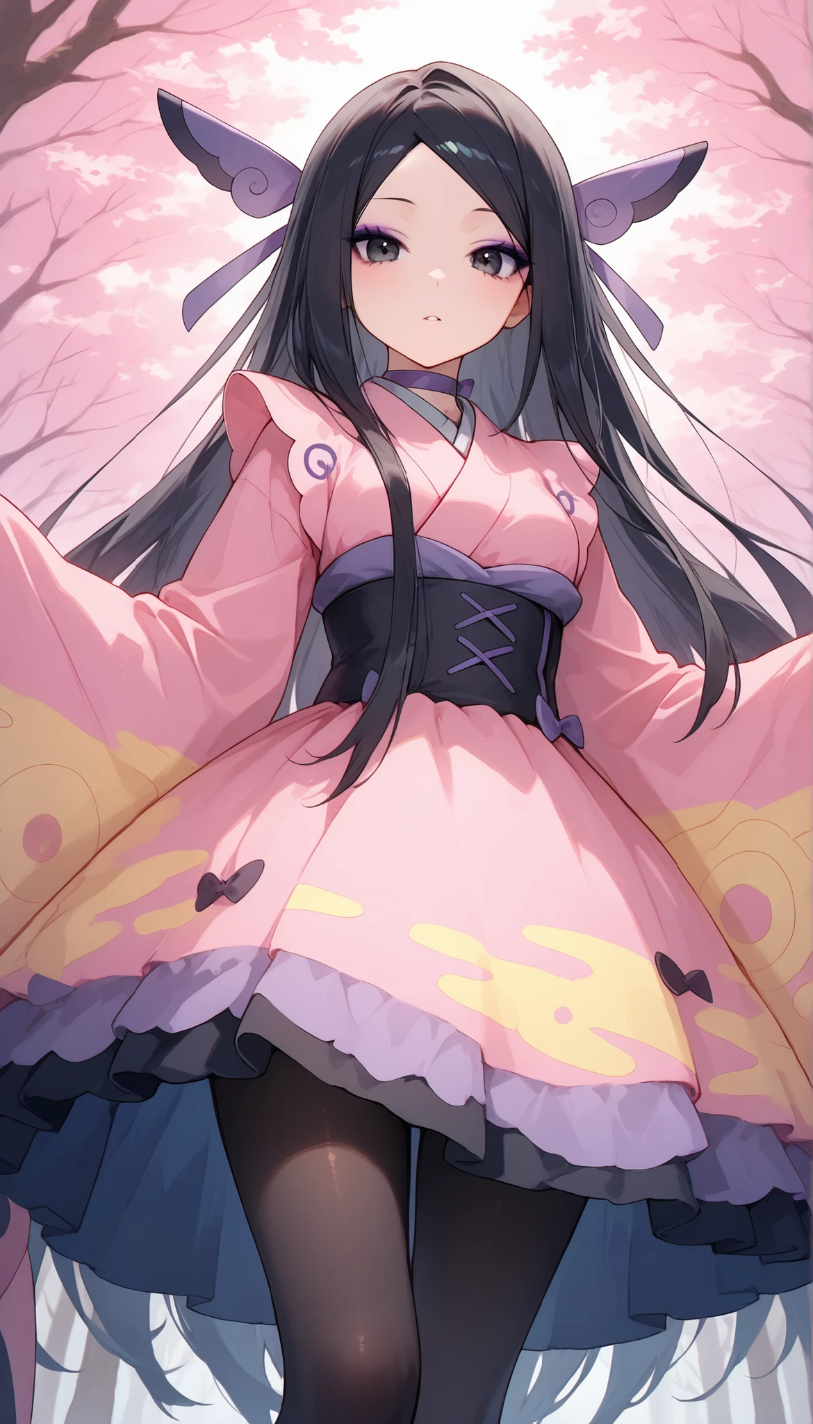 zzValerie, long hair, black hair, black eyes, parted bangs, eyeshadow, hair ornament, black pantyhose, choker, dress, furisode, japanese clothes, kimono, long flowing sleeves that completely cover hands and fingers, sleeves draping naturally to obscure hands, stood, dynamic angle, view from below, dynamic background, traditional Japanese garden, cherry blossom trees, stunning 8k quality, masterpiece, vivid colors