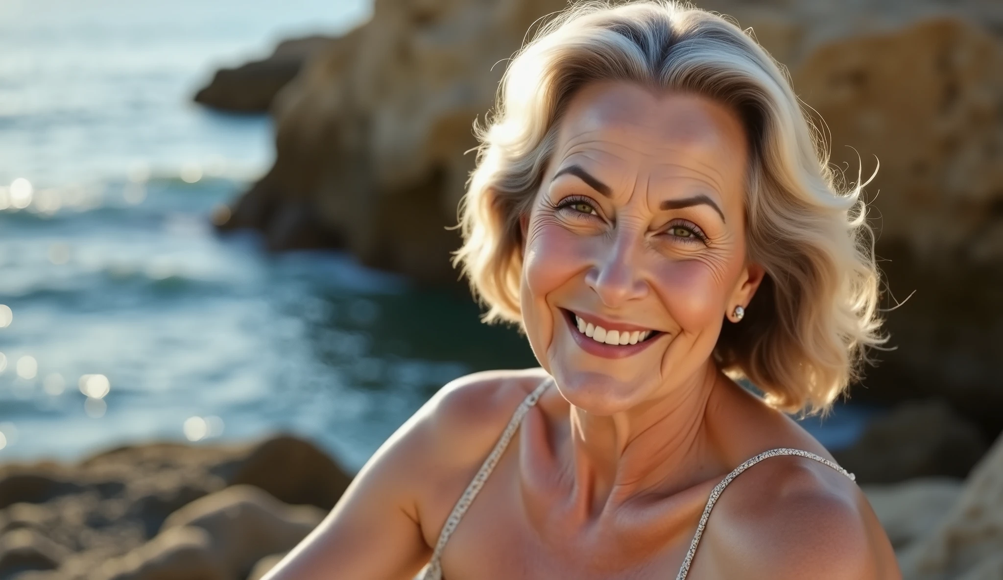 A confident woman in her 60s (full body shot) (big breasts: 1.5), (no muscles: 1.0), (wrinkled skin: 1.5), ( gray hair: 1.5). A radiant model sits gracefully on a sunlit rocky ledge by the sea, striking a confident pose. Her eyes are wide open and sparkling with joy, while her lips curve into a bright, carefree smile. Sunlight pours over her body, highlighting the elegant textures of her lace-patterned bikini and casting warm reflections off the surrounding rocks. The breeze tousles her hair gently as the ocean shimmers behind her. The contrast between the rugged rock and her glowing presence creates a captivating, lively atmosphere full of natural beauty and charm.