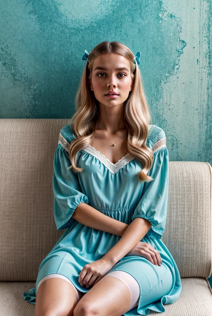 "Novel cover with a simple scene: In the middle, A young girl with blonde hair and blue eyes is sitting on a luxurious bed, With a shocked expression. The background shows an elegant room with rich decoration and warm colors., in contrast to a small reflection in a mirror showing a dark and messy room. The title of the novel is at the top."