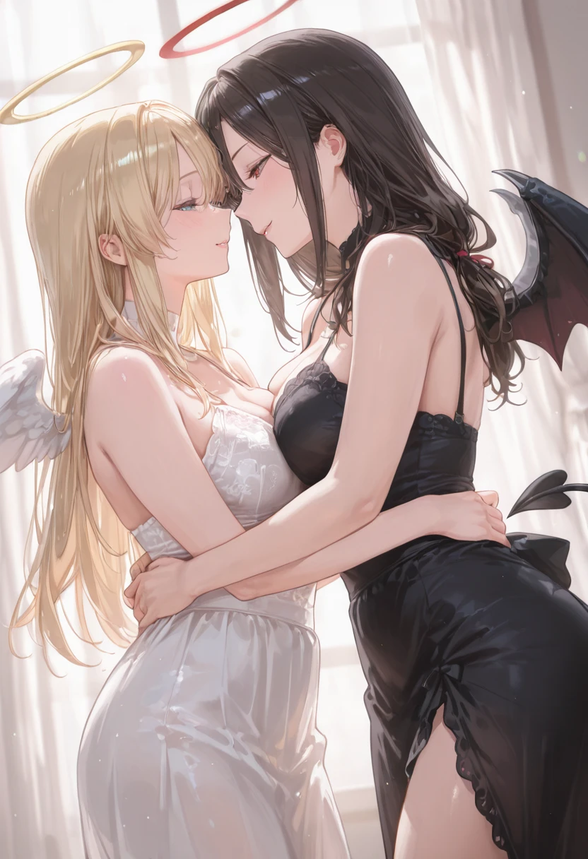 2 mujeres, masterpiece,best quality, agnes,demon wings), perfect bodye, boobs, lindas piernas, adulta, lesbian nude, pasion kiss