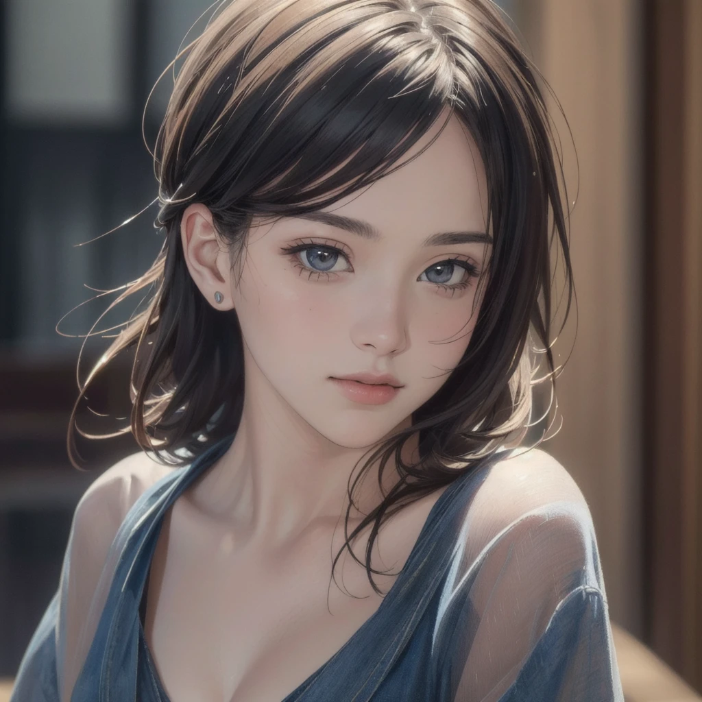 1girl, (best quality,4k,8k,highres,masterpiece:1.2),ultra-detailed,(realistic,photorealistic,photo-realistic:1.37), detailed eyes, detailed nose, detailed lips, sexy, top-down perspective, low-cut fluffy knitted white dress, elegant, detailed texture, warm fabric, under lighting, tamaki