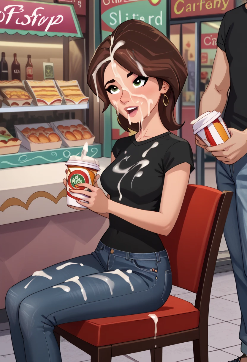masterpiece), best quality, score_9, score_8_up, score_7_up, score_6_up, score_5_up, score_4_up expressive eyes, 1girl, sexy lady, (((lady sitting across table looking confused on why there is sperm on her face))), (((she trying to enjoy her food until a random man naked release cum on face))), (((man penis is out leaking with cum))) cum on face, (((people watching in the background)), background, store, pov,