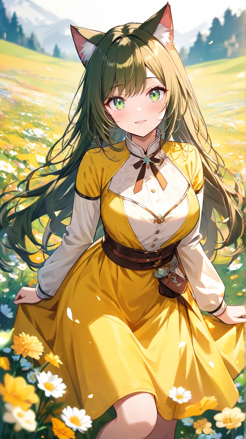 A woman in a green dress is walking in a flower field, Beautiful sunflower anime girl, official anime artwork, Anime visuals of cute girls, official artwork, Smooth Anime CG Art, Official art, Beautiful anime, Beautiful anime girl, beautiful anime artwork, anime moe art style, girl dancing in a flower field, beautiful anime art, anime style 4 k
