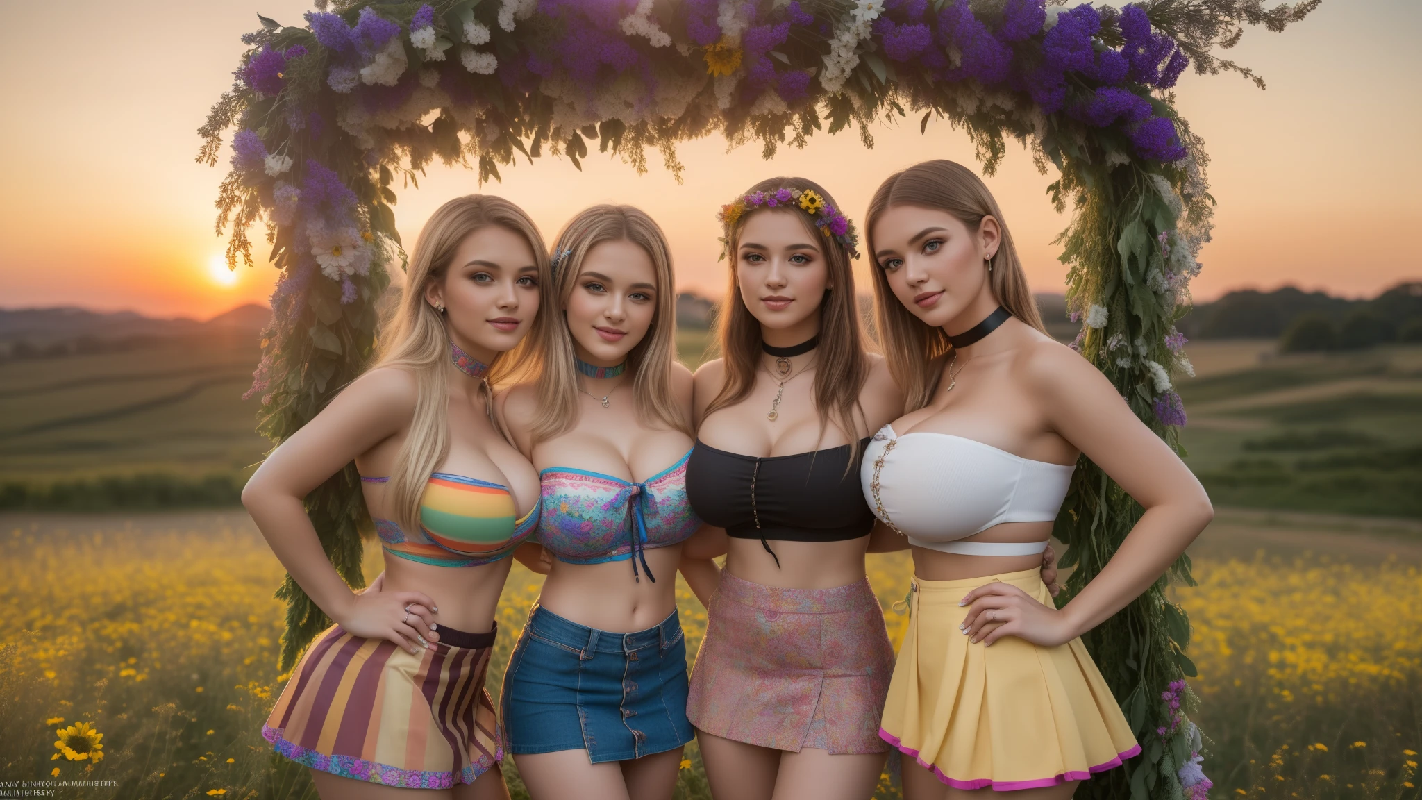 three girls, masterpiece,best qualtiy,hdr, hyper HD, 8K,Bokeh,Ultra-fine painting,Sharp focus,Physically-based rendering,Extreme detail description,full-body photo,(adriana lima:1.2), looking at viewer, (long bob_cut hair), Sexy smile, choker, (midsommar in a short summerdress:1.2), (dancing around a midsummer pole:1.1(maypole)), (boots:1.2), (night:1.2), perfect eyes, perfect hands, perfect body, perfect hair, smiling, (Big breasts:1.5), (kissing:1.2), (EOS R8, 50 millimeters, F1.2, 8K, RAW photo:1.2), photograph by arny freytag
