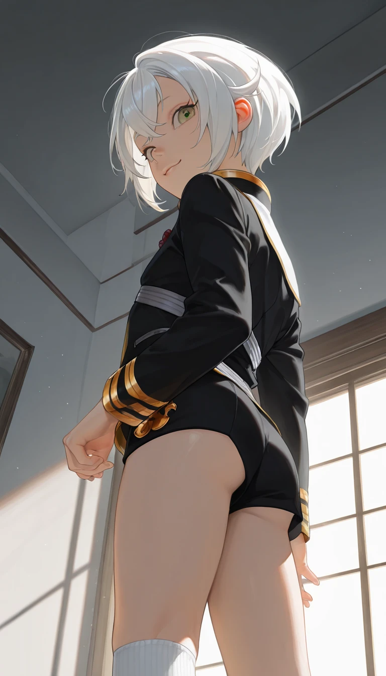 (((1girl))), ((best quality)), ((masterpiece)), ((ultra-detailed)), (illustration), (detailed light), (an extremely delicate and beautiful), (beautiful detailed eyes), (sunlight), ((extremely light)),  ((extremely clothes)), (((hyper detail))),

(((sailor uniform and a pleated skirt))),
,

high_twin_pig_tails, ((((white_silver_hair)))),  
((((yellow_gold_eyes)))), 

(((whole body))), aged 13 to 16, 
(((condescending expression))), (mischievous smile with sexual satisfaction),  (((extra adorable))), (((extra slender shape))), 
(((extremely beautiful detailed face))),

(((sitting down on the desk in the classroom with her legs up and closed))), ((erotic eyes with sexual satisfaction)),

((exposed silky pale purple panties)), ((())),
(((((Dutch angle))))),  (((from below))), 

(((extremely thin thighs))), ((white anke socks)),