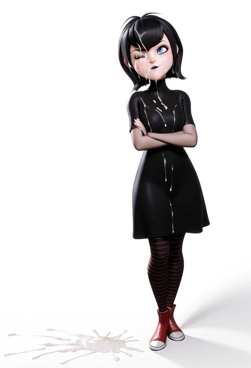 lucy loud, hair over eyes, black dress, striped_pantyhose, chibi, no_eyes, white dress with black details, manguitos blancos femeninos