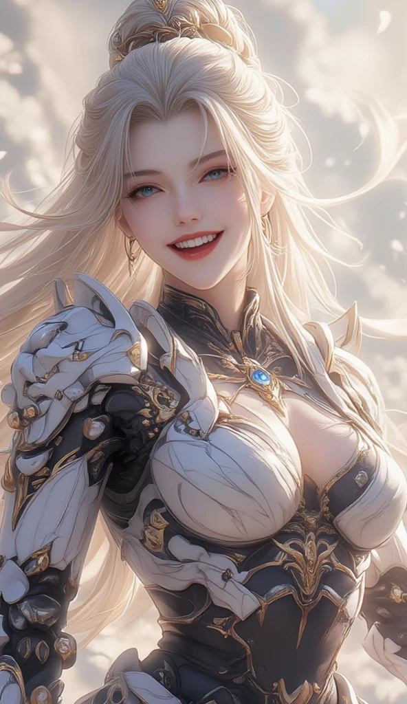 ((top quality)),(Super high resolution),(super detailed),(detailed description),((best anime)),(best work of art),(super precision art),Intricate and detailed science fiction art, tight suit:1.5, cleavage、beautiful eyes、3D rendering、smile、silver hair