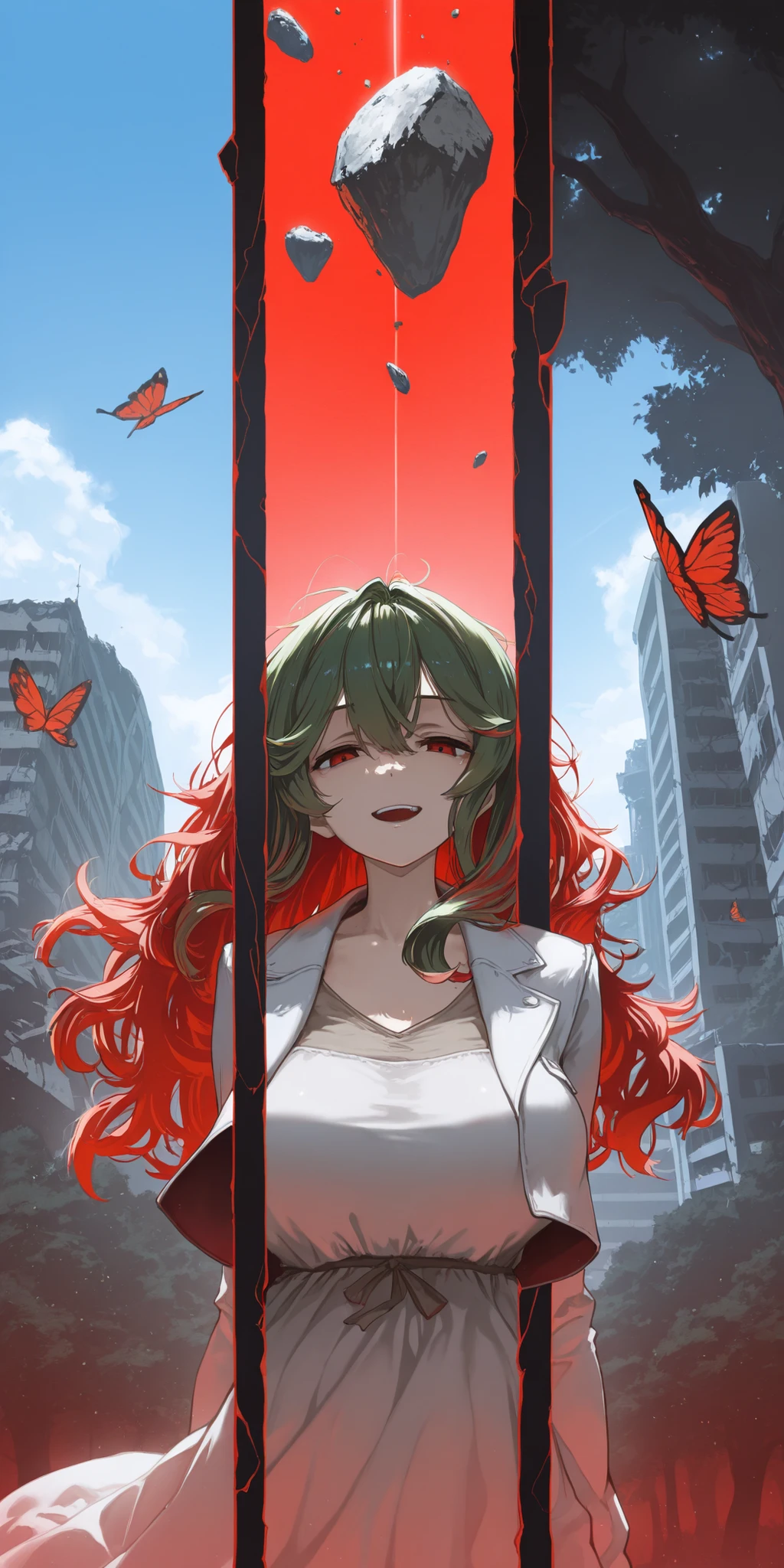 masterpiece, best quality, amazing quality, splitscreen,(by Hakika:0.48), (by B-ginga:0.2),(by dino \(dinoartforame\):0.9), close-up
BREAK 1girl,mature female, green hair, spiky hair, white dress, emotionless, blue sky, park, trees, butterflies,
BREAK 1girl, mature female laughing, multicolored hair, red hair,wavy hair, cropped jacket, white jacket, apocalypse, asteroid, ruined city, abandon palace, red background