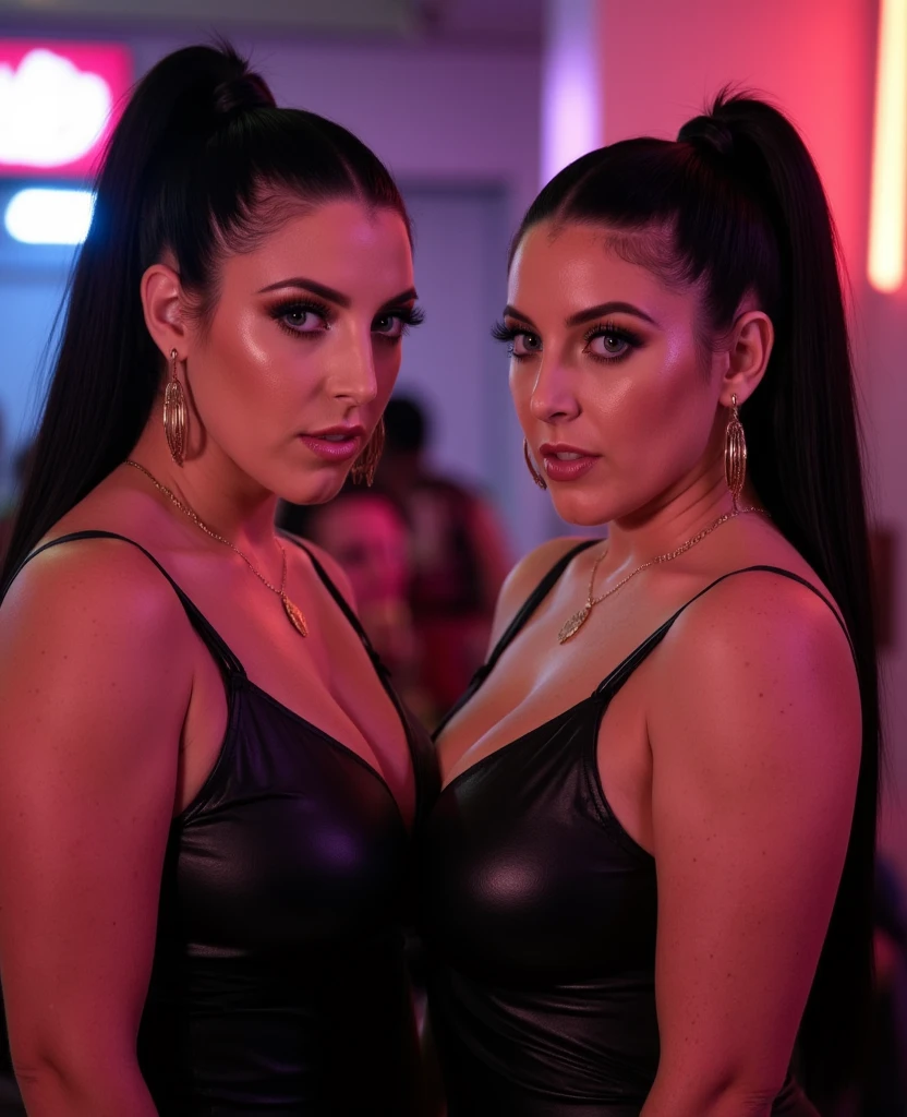 two chubby curvy twin women, long black hair, black micro bikinis, top falling off, large hips women twins gothic women kissing in a dirty trashy bar lesbians kissing swollen breasts licking eachothers breasts