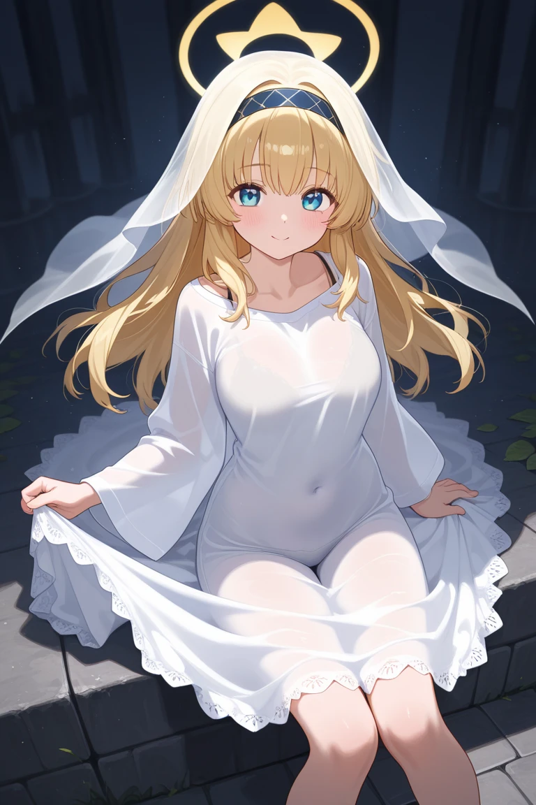 highest quality, High resolution, alone, 1 girl, long hair, blonde hair, x hair ornaments, blue eyes, ponytail, hair ornaments, Braid, \(KonoSuba\), big breasts, very close face, smile, blush, (Wedding dress:1.3), (wedding veil:1.3), white gloves, hairpin, wedding hall, Virgin Road