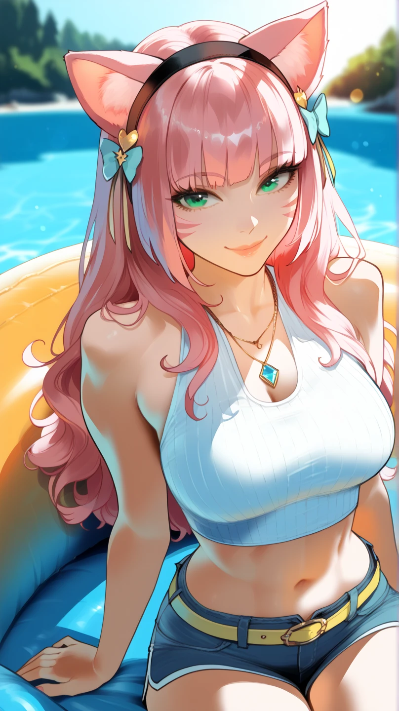 gotoh hitori, 1girl, solo, long hair, looking at viewer, smile, one side up, pink swim suit, large breasts, blue eyes, hair between eyes, cube hair ornament,upper body,pink hair, long hair, pool, wet body