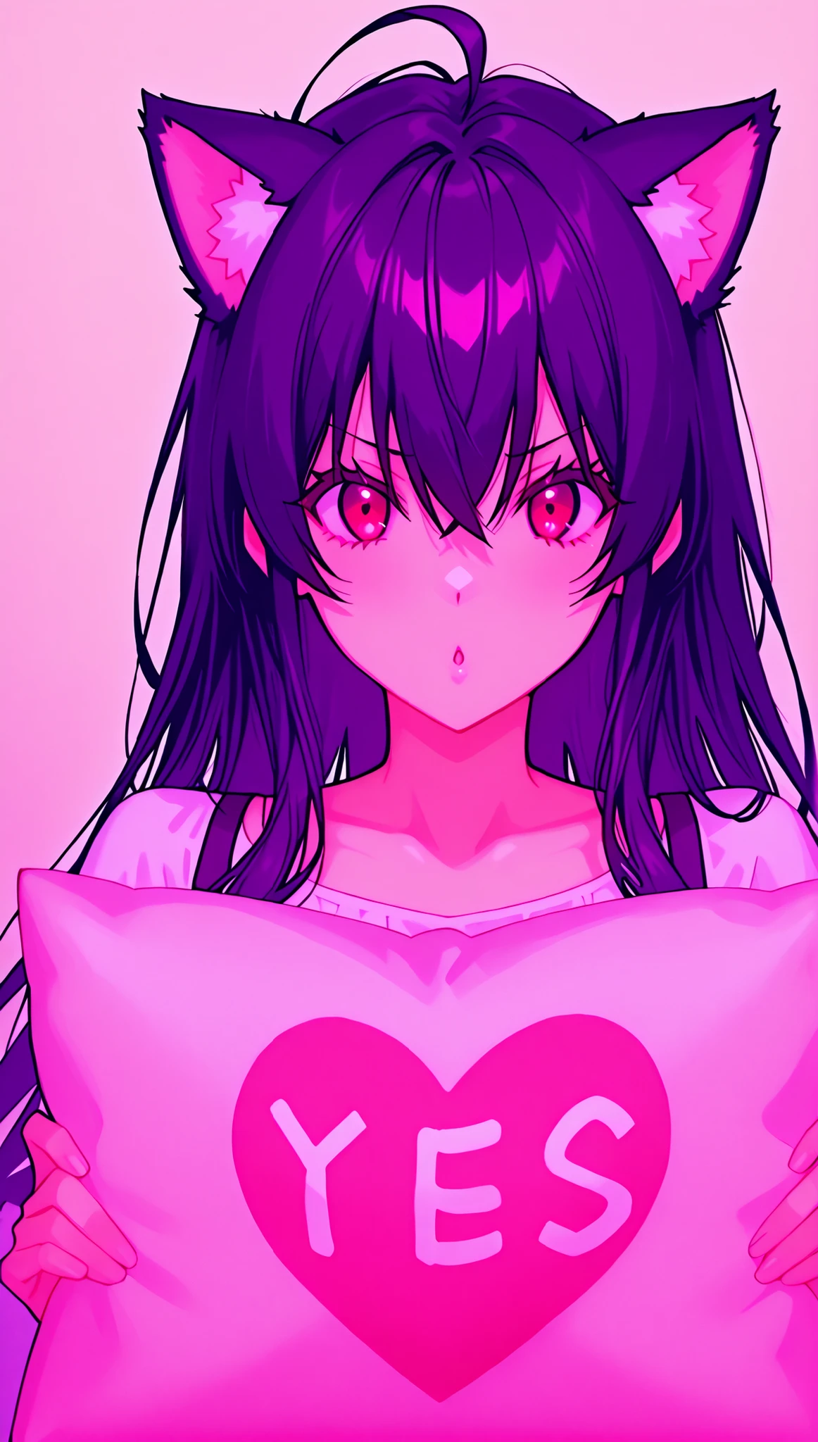 una chica, sola, alone , red eyes, black hair, cat ears, blows, hair between eyes, long hair, , (Ahoge), straight bangs, hair between eyes,
 Yes-pillow, heart, texto con la palabra ((neo)) rodeado de un corazon rojo.