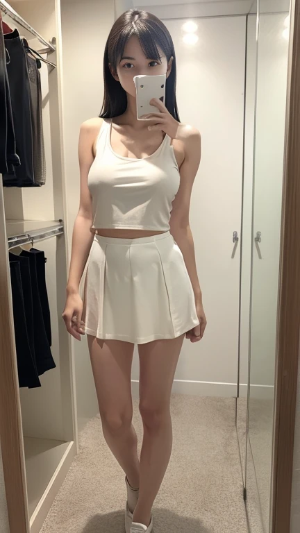 White tight shirt、White tight mini skirt、a bed、a smile、shortsleeves、high-level image quality