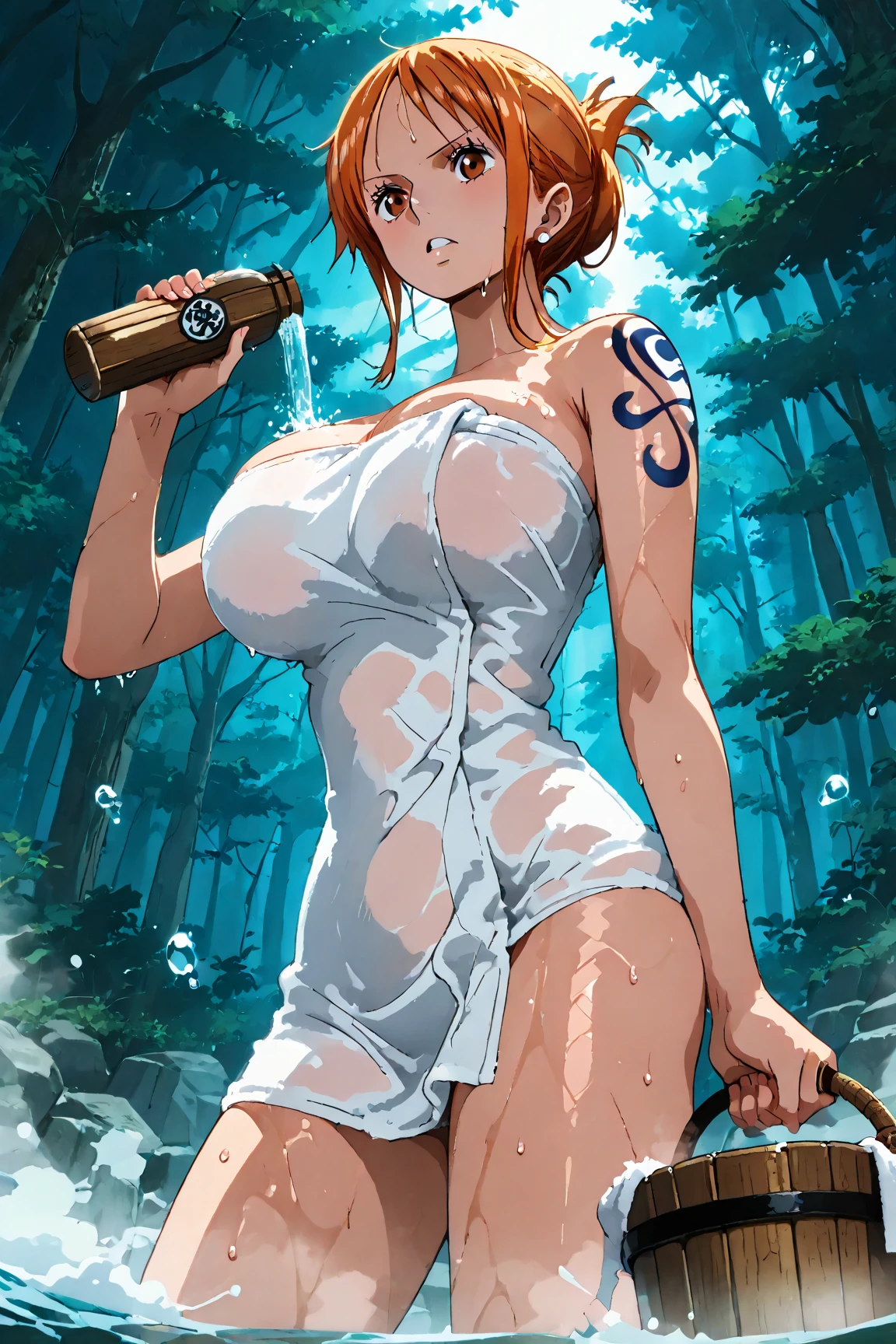 nami_(one_piece), outdoor hot spring, mystical forest background, surrounded by nature, early morning light, wearing only a towel, holding a bucket in one hand, gripping her towel with the other, dynamic pose, intense battle moment, water splashes everywhere, steam in the air, droplets on her body, flushed cheeks from the heat, cinematic lighting, dramatic action, anime-style fight scene, low angle, anime coloring, large breasts, curvy body, well-proportioned, beautiful body, beautiful face, detailed face, detailed eyes, high quality, masterpiece, ultra-detailed, wet skin, soaked towel, steamy atmosphere