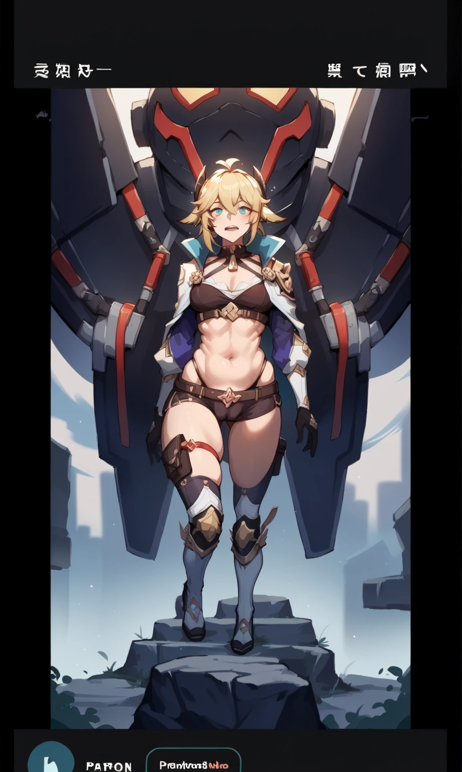 Very detailed、highest quality、Best image quality、masterpiece、8k、Anime Face、A kind smile、Open your mouth、Sparkling blue eyes、(Blonde wavy hair:1.5)、、Muscles of the whole body、camisole、Thigh belt、mini skirt、(Wearing red bikini armor:1.5)、(Cowboy Shot:1.5)、(Leg armor:1.5)