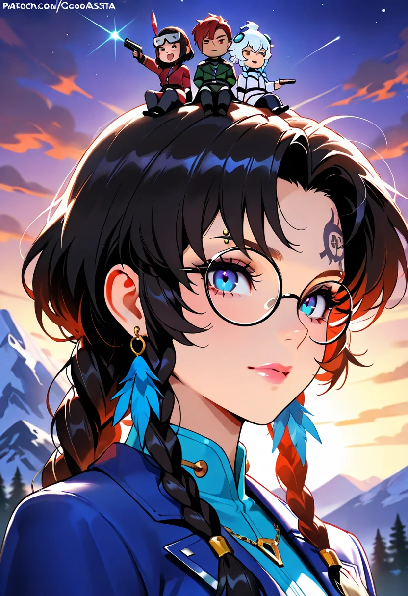 8K quality,(super masterpiece:1.3),highest quality,Detailed Images,1 female,symmetrical beauty,20th Generation,Medium build(Black Hair,Curly Hair,With bangs,Two braids),(Thick eyebrows,Thick eyebrows),(Rimless Glasses,Thin-rimmed glasses,Small glasses),(Blue Eyes,blue eyes),(Fantastic night sky background,Star of the sky,Lake at night,Lake at night畔),(Face directly towards the camera,Looking directly at the viewer,looking at the camera,The body faces the viewer,The body is facing the direction of the camera,Face looking straight into the camera).