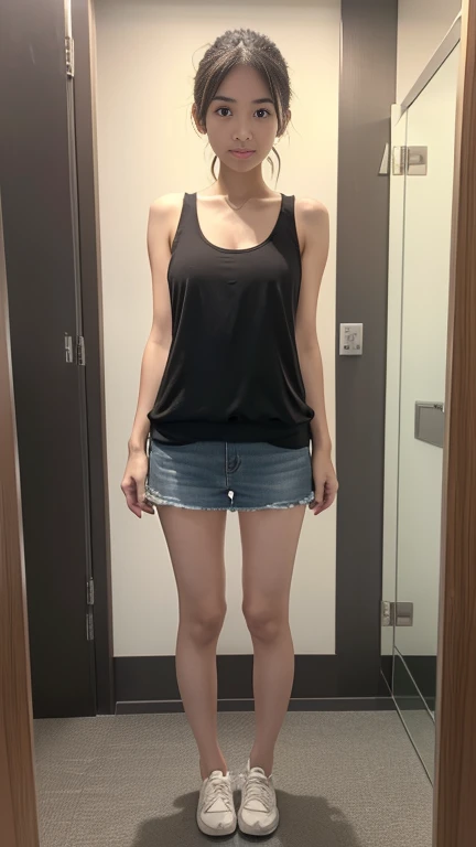 ((Highest quality, 8K, Ultra high definition)), ((masterpiece: 1.3)), (Perfect appearance), (Photorealism: 1.6), (JMA), (PG), (dr), (1人のJapanese Mature), (60 years old, Japanese Mature), (Japanese women changing clothes in the locker room), (Standing figure of a woman), (Only the face turns around: 1.4), ((画面の端に写るStanding figure of a woman)), Slightly parted lips, A gentle smile, (Straight short hair), (camisole), (petticoat), (Bust up portrait: 1.4),