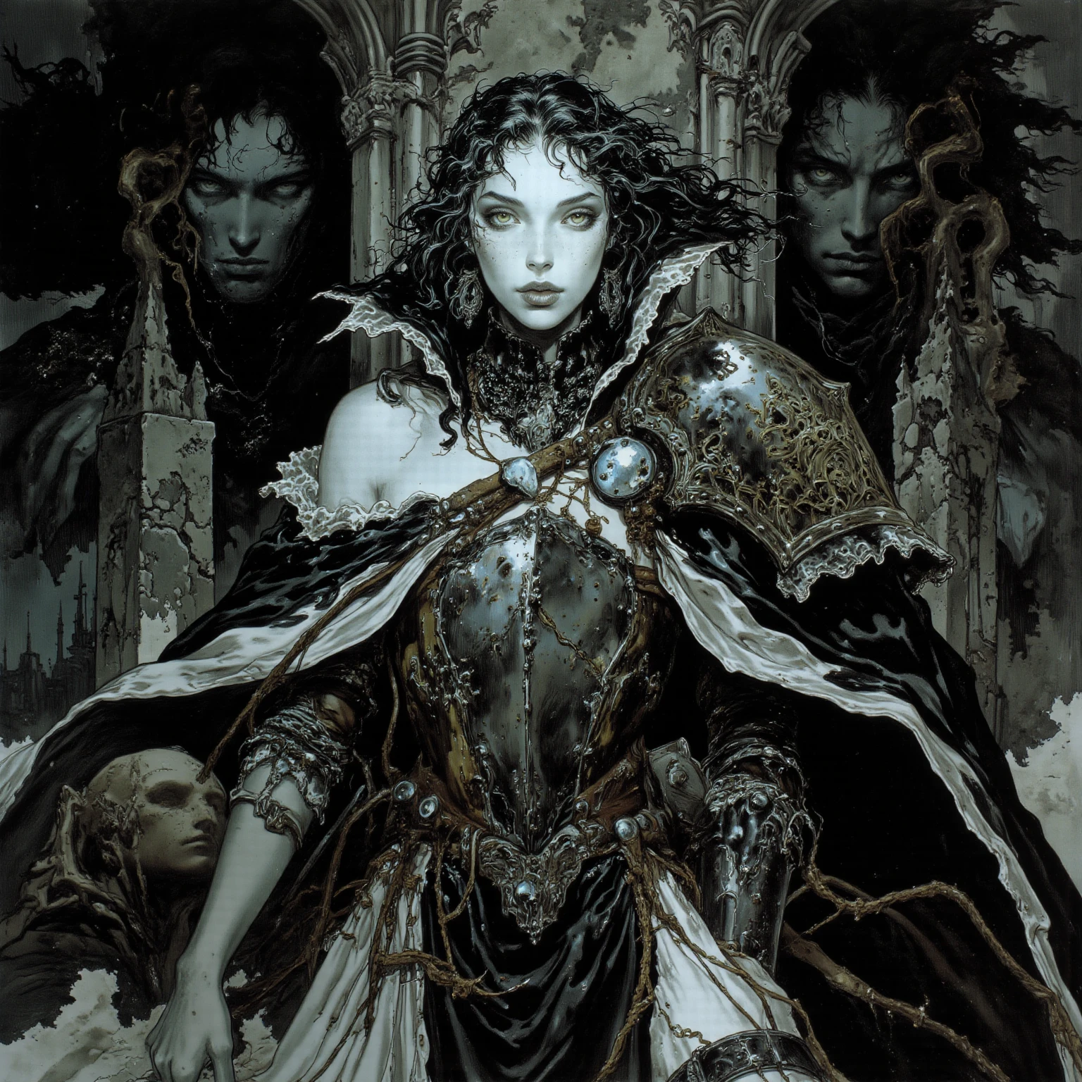 Duo of a woman and a man,     Put a woman in a cloak on the throne, Above one of the palms are two stones in the air, in front of a sword stuck in the floor, behind the back of the man Huge room, Indoor peace, an intricate, Pattern, Realistic fantasy, 7K,A hyper-realistic, hyper-detailing, analog style, The wind whirls the leaves, The leaves are twisted into a spiral, The leaves fall off, , humble, An old cloak, detailed skin, Matte skin, soft-lighting, sub-surface Scattering, Realistic, Heavy shadow, Masterpiece, Best Quality, ultra realistis, 8K, the golden ratio, Intricate, high detail, Film photography, soft focus, BREAK , Illustrate a monochromatic world with the addition of green, Use only shades of black, White & gris, To convey depth, Emotions and striking visual impact. Landscapes."street fighter", in the style of 0MIB, many people, slums