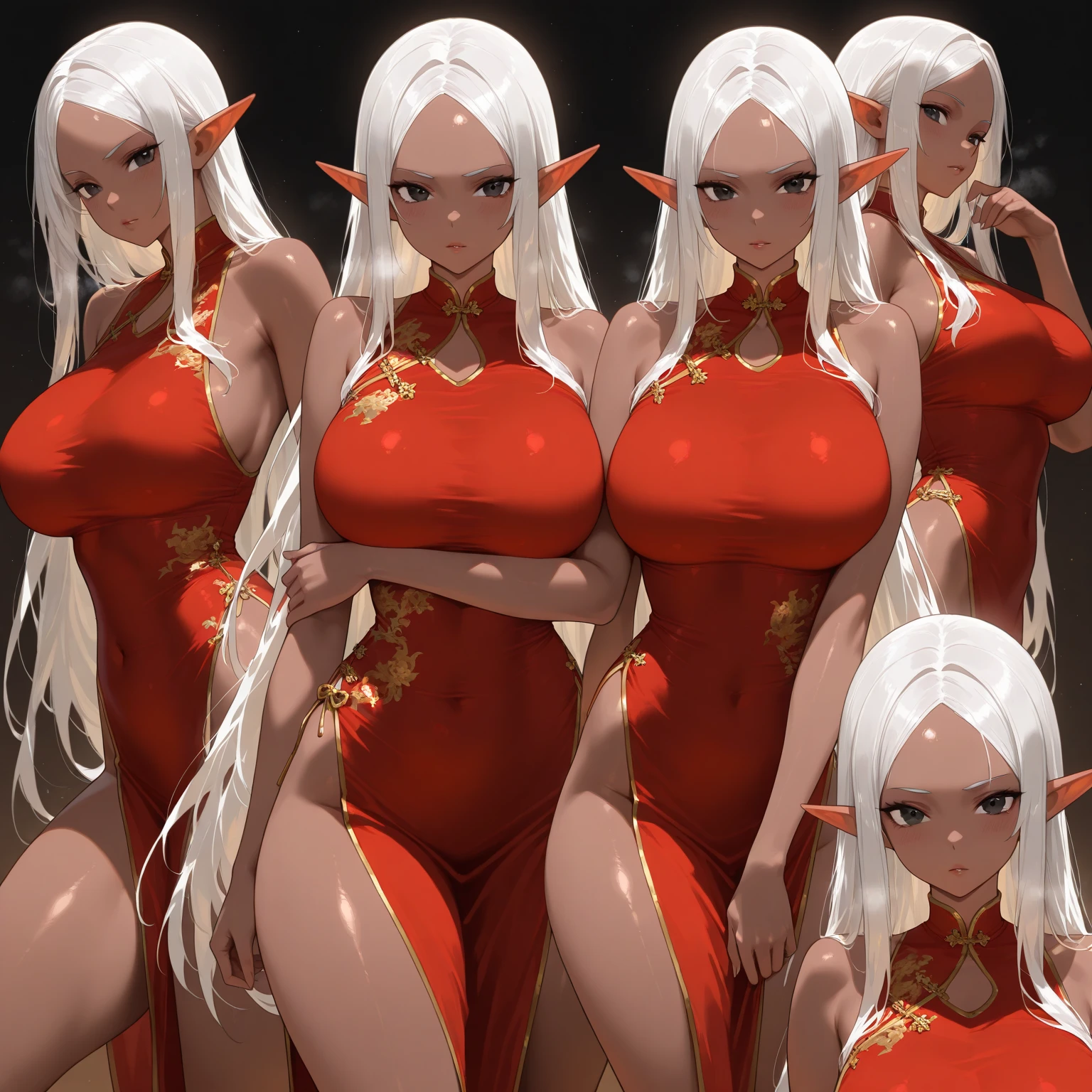 Female giant Yamato of one piece sheet, Multiple design, Full body nude view, front, side, back, perfect face, orange eyes, beautiful female (yamato of one piece), topless character, dance pose, muscular back female, multiples pose, (Character design sheet) white skin, perfect Big breast, white hair, design sheet, female masculine, red largue skirt.