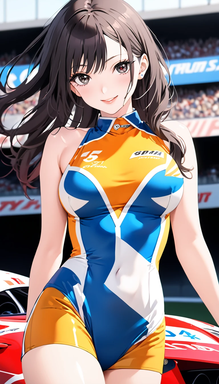 1 female,black hair,,(((Shiny race queen uniform with exposed belly button)))(((blush、open mouth smile)),(((straight hair))),(((portrait))),crowd,,(wet with sweat)(leather thigh high boots)(((beautiful breasts)))((sit))