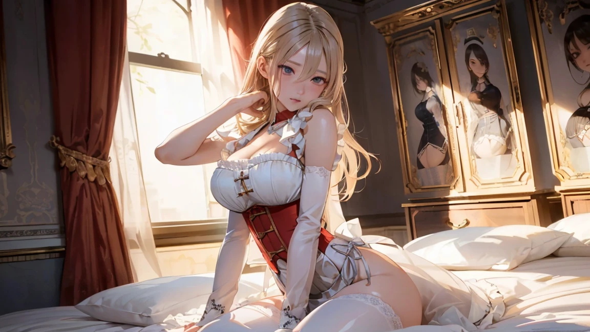masterpiece, Ultra-high quality CG, best quality, perfect picture, alone, Lydia Sobieska (iron fist, Blonde hair with high ponytails, blue eyes, red hair bow, strong), Wearing sexy karate costume, Sitting on the bed, Side view, blush, Shoulders exposed, in a european mansion