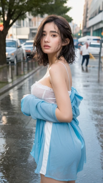 ((Best Quality, 8K, Masterpiece:1.3)), Focus: 1.2, Perfect Body Beauty: 1.4, Buttocks: 1.2, ((Layered Haircut, Breasts: 1.2)), (Wet Clothes: 1.1) , (Rain, Street:1.3), Bandeau Dress: 1.1, Highly Detailed Face and Skin Texture, Delicate Eyes, Double Eyelids, Whitened Skin, Long Hair