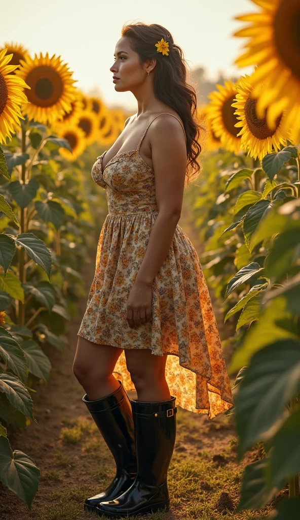 Beautiful 26 year old woman, 170 cm tall, 60kg weight, White skin, long dark hair, green eyes, hairstyle, wearing loose strapless dress, Cowboy boots, jacket, heels, looking somewhere else, (((sunflower field))), laughing out loud, natural morning light, Realistic portrait, Very detailed, analog style, under the chest, breast, nipple, (((Whole body))),