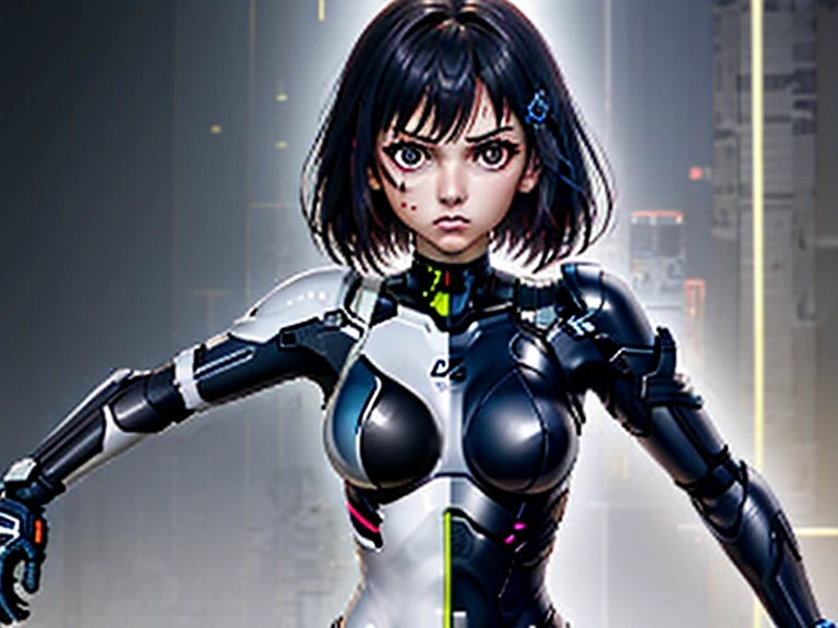 zPDXL, alita, battle angel alita, cyborg, mechanical armored arms, smile, bodysuit, , black hair, long hair, mix of color theory of purple  yellow and brown, cowboy shot, 