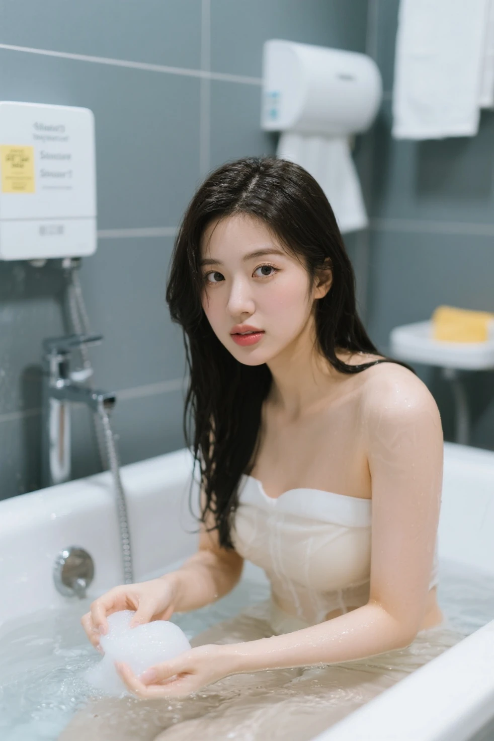 Super detailed, High resolution, Realistic, RAW Photos, ((Real person)), Detailed skin, (Delicate black eyes ), Soothing woman with droopy eyes, calm and calm, Mid-length hair, skinny, clothing, The wind is blowing, puppet、Drooping eye corners、Kind Face、30 years old, 、Long eyelashes, Portrait photography, photoRealistic, First Person View, masterpiece, Highest quality, High resolution, 4K、Solitary confinement、Fluorescent light、Cot、Sitting on the bed、Prostitute、Beautiful woman、Oversized shirt、Cleavage、barefoot、View the photographer、Glowing Skin、Bath towels piled up、Anatomically correct