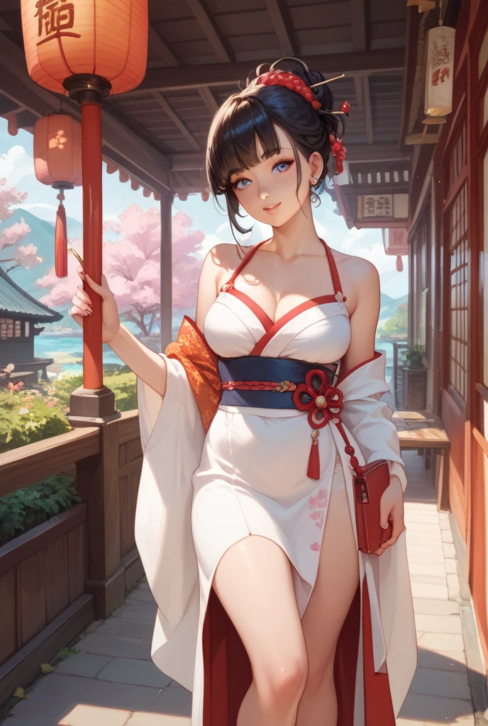 An exquisitely detailed CG artwork depicting Hakurei Reimu, a solitary shrine maiden, in the highest quality. Featuring a delicate white ribbon and socks, large breasts, and wide hips, this masterpiece illustration showcases the beauty of solo female characters.