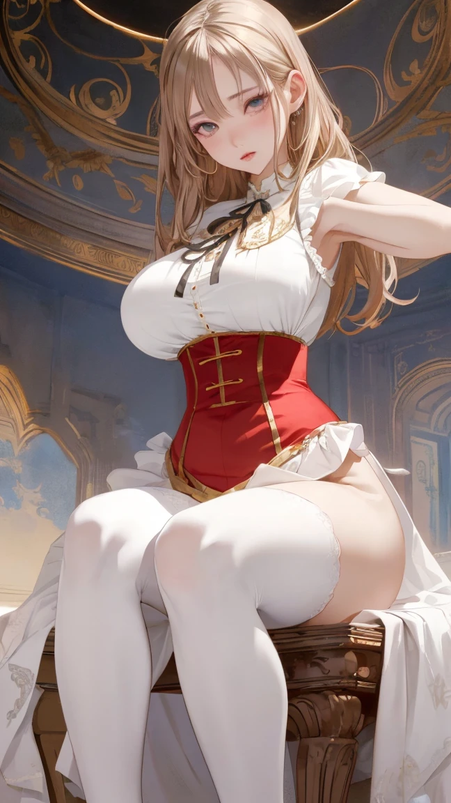 ((((Obra maestra, La mejor calidad, ultrahigh resolution)))), 1girl, kneeling,), ((long pure brown hair, hair over eye)), long hair cut, shiny skin, ((red eyes)), glowing_eyes, neon eyes, (ultra detailed eyes:0.7, beautiful and detailed face, detailed eyes:0.9), smirk, facing viewer, ((vibrant background, dark lighting, summer, sunlight)), large chested, looking at viewer, ((half closed eyes)), ((perfect hands)), (((head:1, arms, hips in view, elbows, in view))), ((hands behind back)), empty eyes, beautiful lighting, ((outside, outdoors)), defined subject, head tilt, (((gritty)), ((creepy)), ((cool)), ((beautiful)), (((SFW))), hair ornament, petals in the air, moon in the sky, city, mature woman, adult woman, sfw, pink and white dress, night dress, she is a princess, large chest, big boobs,
