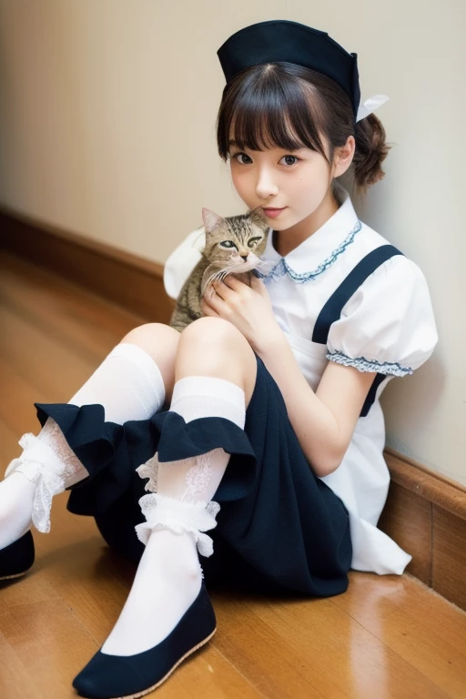 high quality, detailed, a black cat baby and a magical girl,the magical girl is 18 years old, in wander land,