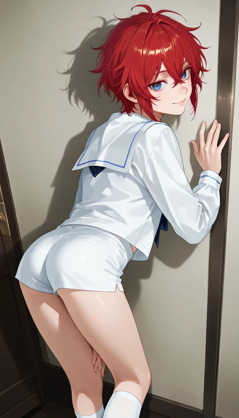 room, 1 Girl, Highest quality, Ultra-high resolution, Long Hair, Redhead, Green Eyes,Sailor suit、skirt, Looking at the audience,On all fours、Backwards、look back、 Small breasts, Are standing , smile, Open your mouth,Panty shot,Cute white panties