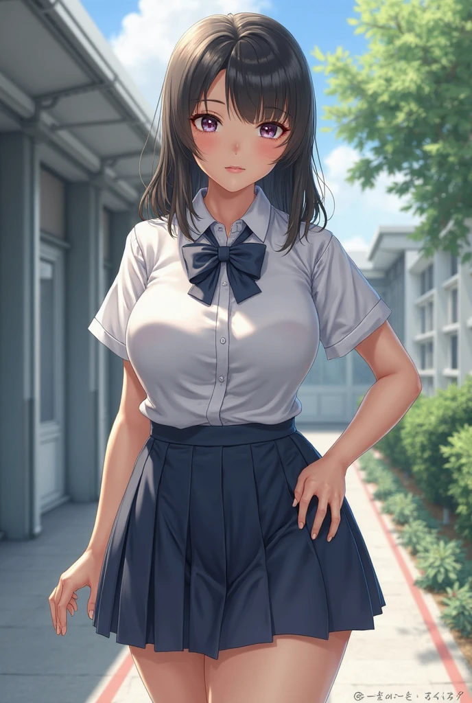 girl,expressionless,{(brown hair:1.2),(medium hair:1.5),(straight hair:1.5),(hair between eyes:1.5)},(big breasts:1.3),(slender:1.2),(polo shirt:1.5),(white polo shirt:1.5),break,(navy blue skirt:1.5),(pleated skirt:1.2),mini skirt,(fine eyes and skin:1.5),(detailed facial features:1.5) ,(perfect style),(beautiful face),at school,from side,break,(brown eyes:1.2)