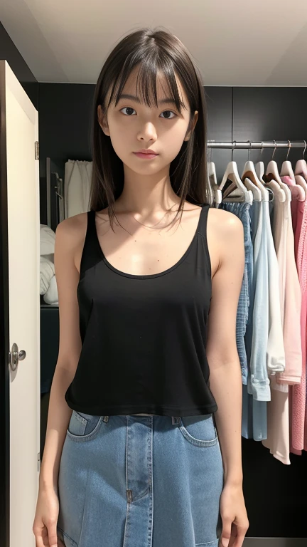 masterpiece, (1woman), Japanese beautiful lady, narrow waist, tight black t-shirt, jeans, dark long hair,