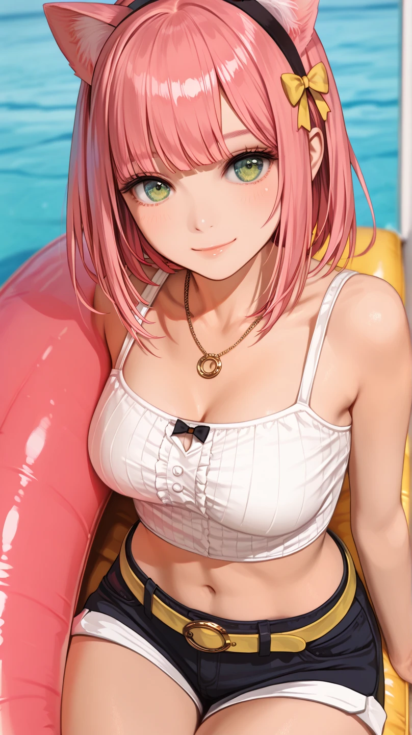 (Masterpiece, BestQuality:1.3), (ultra detailed:1.2), (hyperrealistic:1.3), (RAW photo:1.2), High detail RAW color photo, professional photograph, (Photorealistic:1.4), (realistic:1.4), professional lighting, perfect anatomy, (Big Breasts:1.2), (blush, detailed face), (cheerful Smile:1.5), Trending Hair&Trending Hairカラーをランダムに, earrings, necklace, bracelet, sexly, erotic sexly, Random sexy gravure poses, (A pink-haired beauty in a bikini with a yellow top and cut-off jeans、She is smiling and posing sexy while enjoying a canoe ride on the lake.。:1.3)