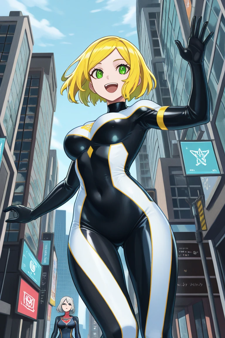 Draw a woman with exaggerated features and pronounced curves, voluminous hair, and a mischievous smile. She's dressed in tight and provocative clothing. Her eyes are wide with surprise, with one eyebrow raised. In her left hand, she's holding a cell phone, while in her right hand, a small object is about to fall, suggesting a moment of distraction. She's on an urban street, with tall buildings in the background and some passersby looking at her, cartoon style