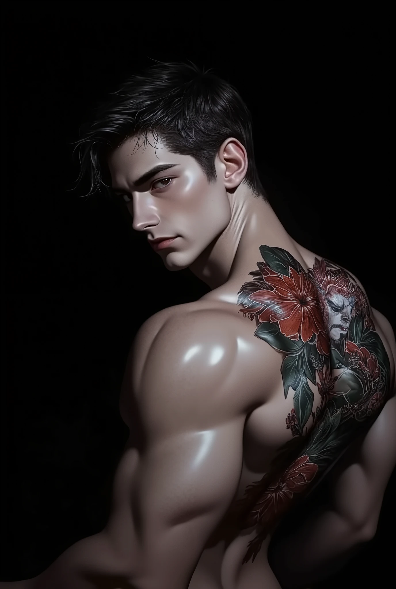 Sexy brunette man with samurai tattoo on his back