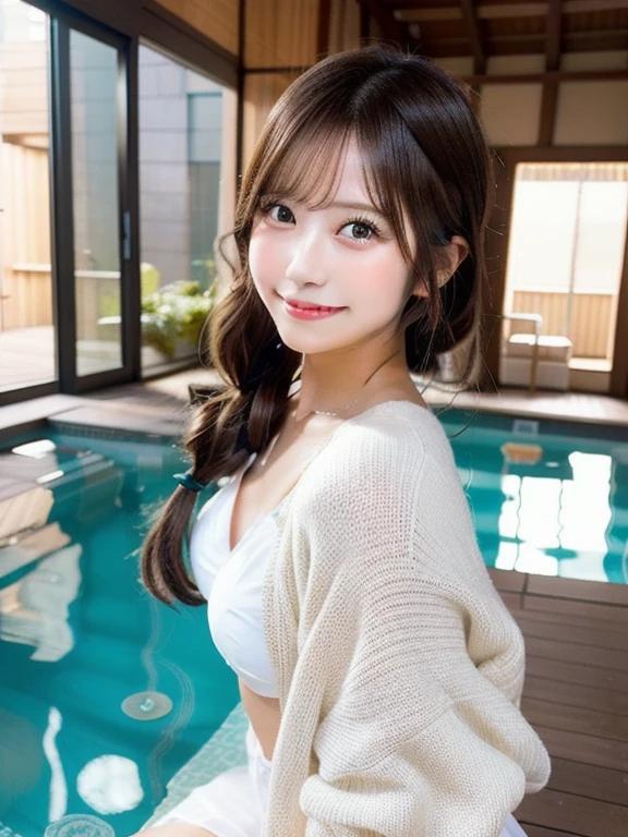 POV, (masterpiece:1.3), high resolution, ultra detailed, extremely detailed CG unity 8k wallpaper, (realistic, photo-realistic:1.3, RAW photo:1.2), beautiful detailed face, realistic skin, detailed cloth texture, high detailed hair texture, Perfect proportion, Beautiful Face, accurate, Anatomically correct, Highly detailed face and skin texture, natural neck length, (beautiful hands), (fair skin:1.2), Thin legs, Thin feet, long legs, high detailed legs texture, beautiful legs,
BREAK
Detailed eyes, symmetrical eyes, Light Brown eyes, Double eyelids, Thin eyebrows, (Glossy lips:1.4), (Seductive smile:1.2),
BREAK
(1 girl:1.3)
((Wearing an oversized White hoodie over the Red stylish Swimsuit:1.2)), sandals,
(updo Hairstyle, Dark-brown hair),
(Medium large breasts:1.3), (film breasts, nicely shaped breasts:1.1, slender figure), ((Full body shot:1.2)), ((from front:1.1)), ((Focus on face:1.1)),
BREAK
((She is Sitting on the poolside with Fashion model pose:1.2)), (in the indoor pool in Japan:1.2),