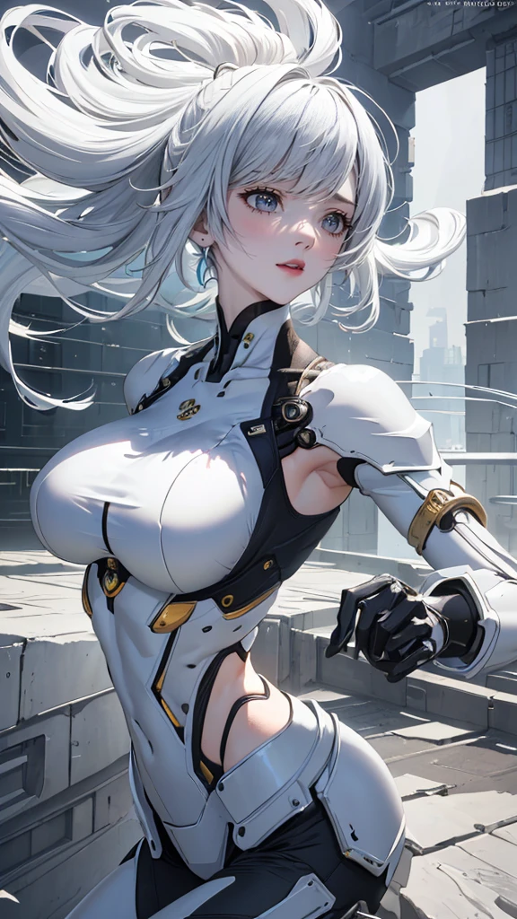 (La Best Quality,A high resolution,Ultra - detailed,actual),Ariana Grande ,(Ruined dungeon ruins background:1.4 ), (BodySuit cyborg white mechanical transparent :1.4), holding pen,(half body blue :1.4) ,Woman,26 years,smile, cute action,(grey  hair:1.4) ,wide hip,(white bikini:1.4) , (orange background:1.1) , nipple, anime girl,very high contrast,deep color, BLUSH,absurdres, ultra detailed, masterpiece, best quality, aesthetic, detailed, ,(Ruined dungeon ruins background:1.4 ),( perfect anatomy :1.4), More detailed 8K.unreal engine:1.4,UHD,La Best Quality:1.4, photorealistic:1.4, skin texture:1.4, Masterpiece:1.8,first work, Best Quality,object object], (detailed face features:1.3),(The correct proportions),(Beautiful blue eyes),  (dynamic cowboy pose), (shiny white tights/shackles:1.4),(face detailed :1.4) 