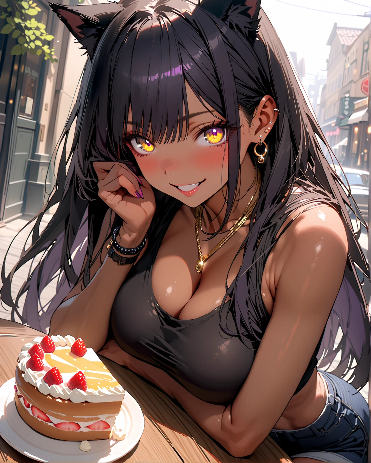 (BENGUS,Edayan,luster berry, falcoon):1.2, (hyper-defined art, anime coloring, best quality, hyper-hdr, 8k uhd, hyper absurdres, (raw sensuality, black woman, black and red striped thick scorpion tail, , sitting in a ice cream parlor, dreadlocks, headphones,impossibly beautiful african-caribbean features, red and brown heterochromia eyes, sitting, licking ice cream, backless, sleeveless dress, thigh lace clogs), (very dark skin, voluptuous, curvy, strong, shortstack, black hair, soft face, small wide nose, firm medium breast, curvy hips, wide hips),hyper aesthetic, hyper-detailed background), Lusterise, ,({Hyper stylistic, sharp gradients, deep highlights, hyper exposure, hyper detailed smooth textures), perfect hands, hyper perfect , perfect eyes, perfect anatomy, perfect physiques, amazing skin, hyper-detailed eyes, hyper-detailed features, salaciously smiling, dynamism, dynamic lighting, dynamic shading, sensual shadowing, sensual atmosphere