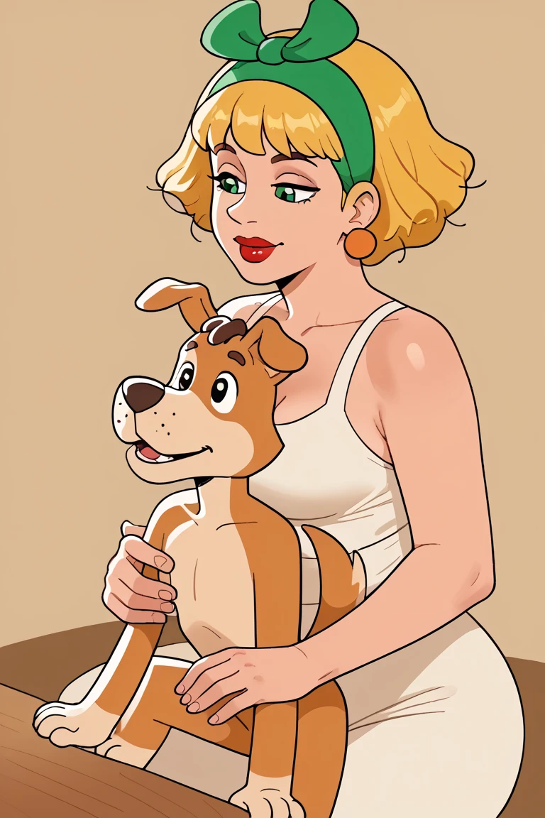 50s model, pin Up, large, pointy breasts uncovered, Bikini. She has her back, cocked ass, gazing at viewer. On the floor a Pug dog, sitting and looking at her, Zoe Mozert style.