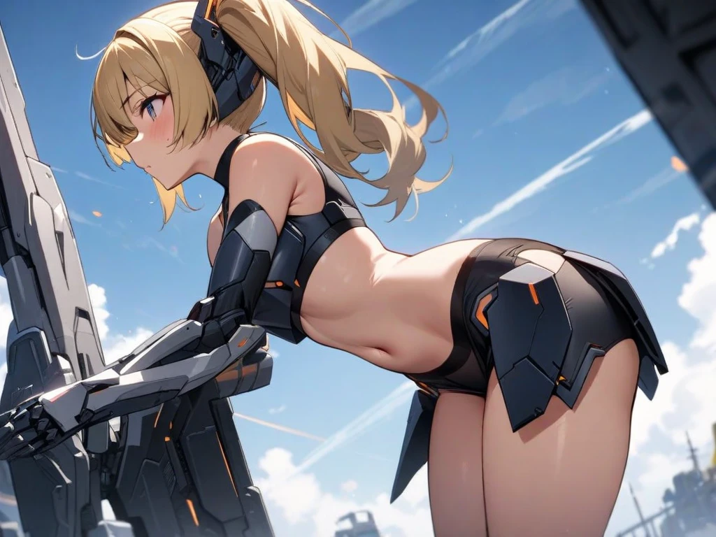 1girl,(shiny:1.6), (Oil highlights:1.6), [wet with oil:0.7], (shiny:1.8), [wet with oil:0.5],mecha body,(blush:1.1),,evil smile,wet body,(wet:1.2),(sweat:1.2),(steam:1.2),arm up,long hair,from behind, ass