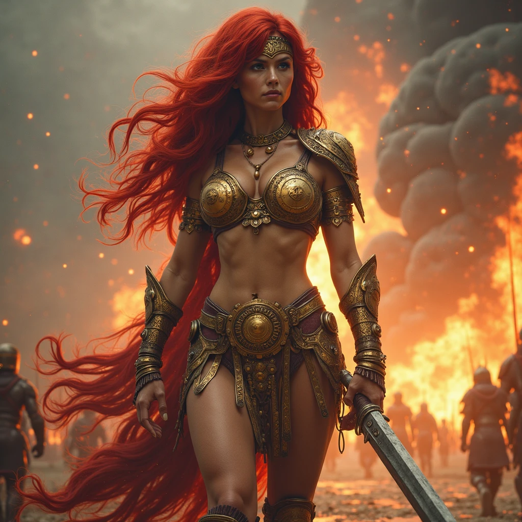 Titania Erza in asian model, anggry girl flying in the air, archer in back, hand with shield, ((realistic skin tone)), ((Girl with bikini armor suit)), ((torn bra)), (((Erect nipples))), ((Red long hair)), (very wet breast and mouth), (open mouth), ((closed eye)), (half body), (vagina expose) Beautiful, White Skin, Colossal Breasts, Movie Lighting, ((Cleavage)), Rose Eye, Muscles, Bokeh, Masterpiece, Pose in battlefield, Dragon fire background, fire and dusty epic battle, Full body