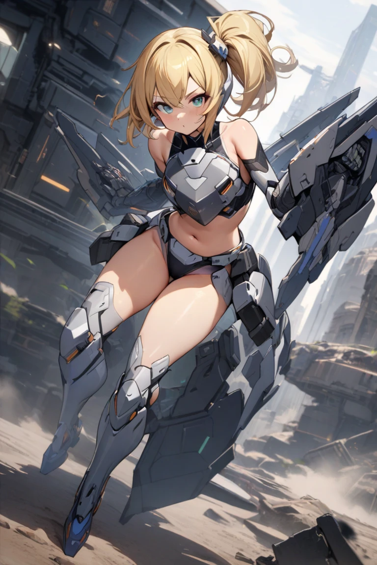 (masterpiece, best quality:1.5), (ultra detailed, high resolution, 8k, beautiful detailed, UHD, best anatomy), blonde hair, medium breasts, mecha musume, Body made of machines, fighting formation, expressionless, An ominous place