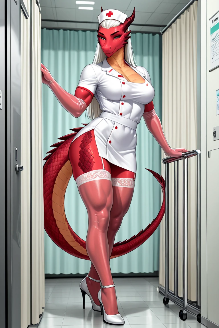 nurse woman, black, perfect skin, perfect curves, wide hips, thick thighs, light blue white colors, fishnet stockings, full breasts, curly hair, lined eyes, thick lips, nurse makeup, holds a form, provocative posture, sensual , high definition, has dragon claws, blood all over the body, full body focus.