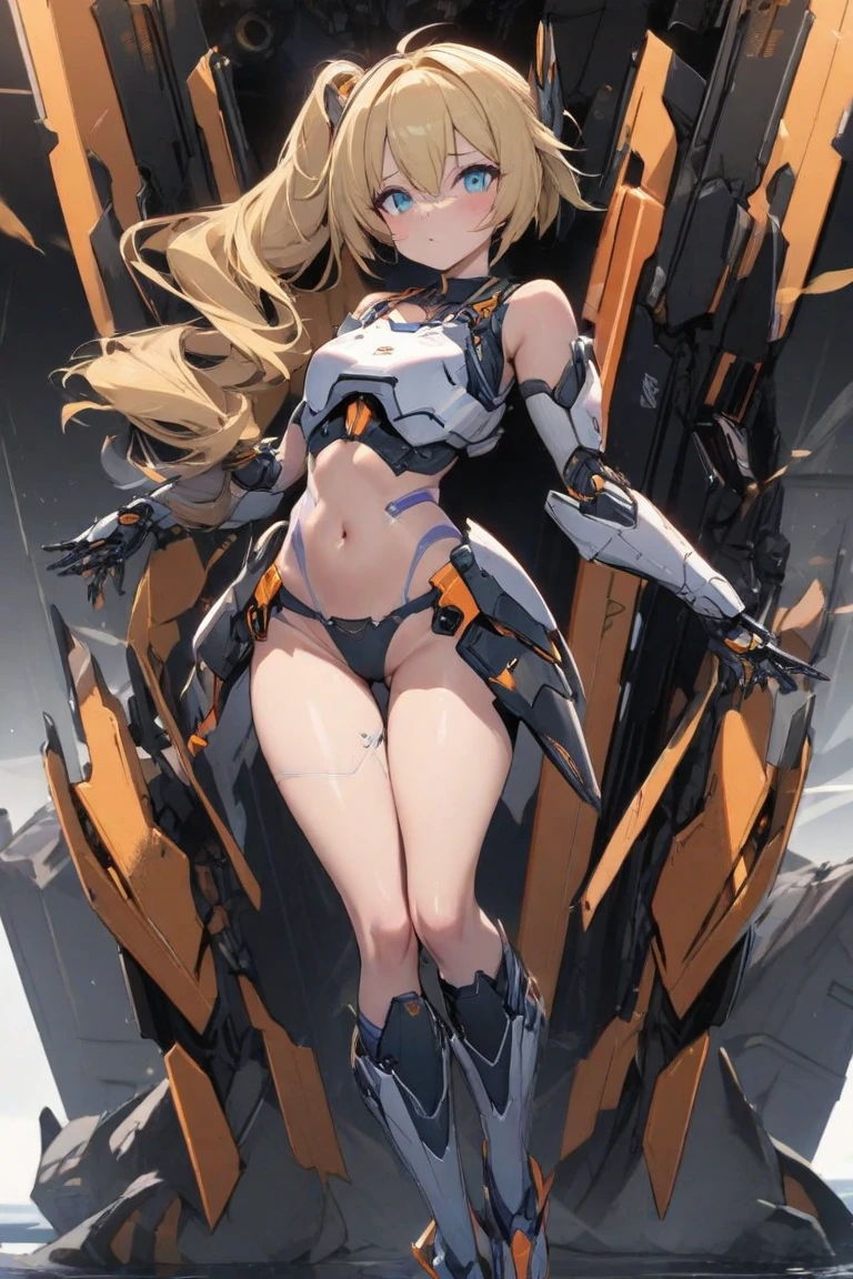 Smiling girl in a revealing yellow and orange see-through mechanical bikini with shiny wet skin,Gal-like ponytail,Fully transparent glass textured bikini armor,水色ライトの透明なMechanical Armor,(Highest quality),(8k),Mechanical Armor,Show all,(Thinly visible genitals),Accentuated breasts,Mechanical firearms equipment,Eyebrows rise,Bullish expression,Blonde,Don't blush,Laugh with your mouth closed,Standing on a white floor,White background,(Show the whole body),View your viewers