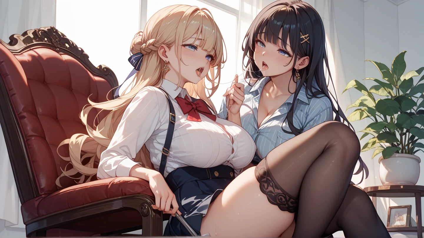 Four women、teenager、Girls' School、classroom、Crowd of schoolgirls、high school girl、The face of a person who has reached sexual climax、Blazer uniform、Gingham check pleated skirt、Short pleated skirt、黒Gal、Gal、Tight panties、Colorful manicure、Low - Angle、Spread your legs、Galピース、Galポーズ、黒のsatin panties、blonde、 Twin tails、Gal化粧、Heavy makeup、mascara、Dark eyeshadow、Brown skin color、Beautiful woman、Very thick thighs、Big 、Big Ass、Unbuttoned shirt、loose socks、Scrunchie、Acme Face、Best image quality、High resolution、masterpiece、super high quality、Spread your legs、satin panties、Satin Bra、とてもBig Ass、Very large breasts 、blush、4k quality、blush、Cowboy Shot、{Highest quality}, {so beautiful}, {Very detailed}, {Best illustrations}, Browsing Caution, Cowgirl、Bang your hips up and down、Riding on top of a male student、Inserting the penis into the vagina、Show your vagina、fuck、have sex、Cowgirl fuck、周りの女生徒もfuck、Orgy、Shake your hips vigorously、Overflowing with love juice、Sweaty crotch、Ahegao、Lean back
