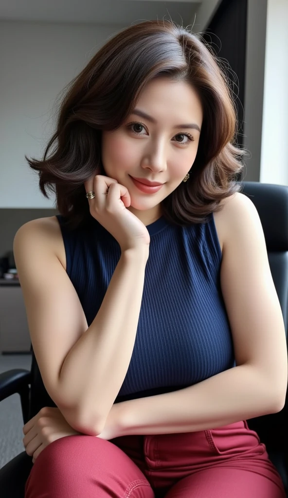 最high quality, In 8K, Masseter region, Vibrant, Sharp focus, high quality, High resolution, Detailed face, fine grain, Thick lips, (Looking at the audience), alone, Beautiful woman, 38 years old, plum, Short black hair, Cleavage, Brightly colored patterned dress, Morning Scenery、（Haneda Airport departure lobby:1.5）、（Short black hair:1.5）, Cleavage, (Sit on the bench with your feet together:1.6）、（White Dress:1.8）、（smile:1.5）、（Black pumps:1.5）、