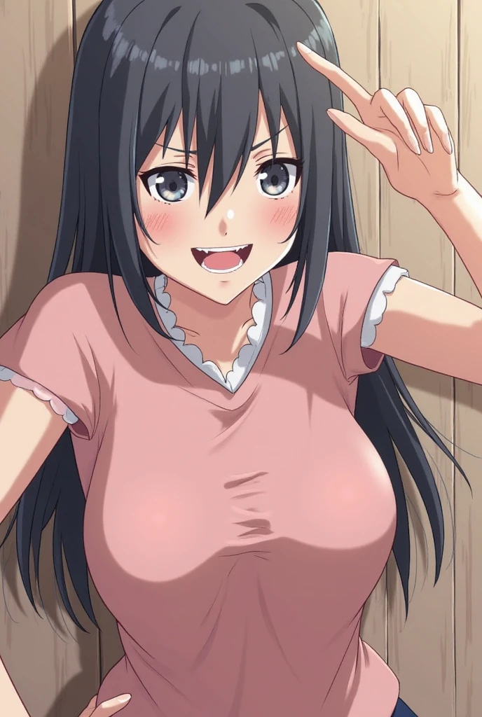 ((Masterpiece)),((Beautifully detailed, full-color drawings)),1Girl,Mizushima Morning,Black Hair,,(Surprised expression),blush,Open your mouth,Close ~ eyes,sit,((Cowgirl sex)),Stick out tongue,Inserting a short penis into thena,front,((Fully)),bedroom